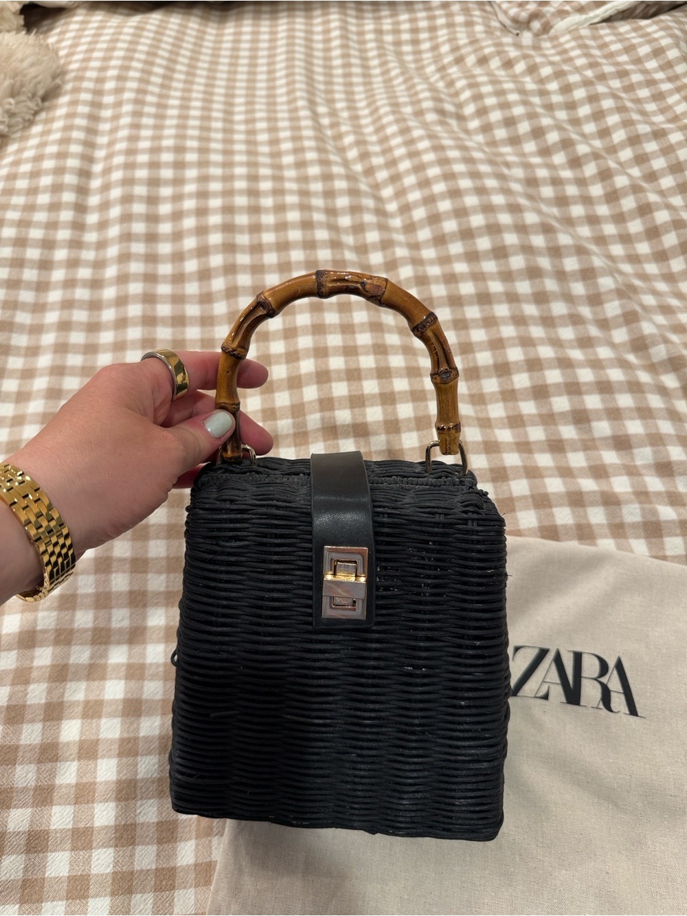 Zara Black Wicker Mini Top-Handle Bag with Bamboo Handle